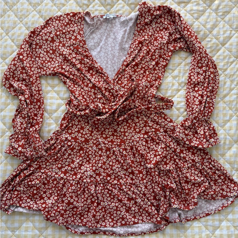Burnt Orange Floral Wrap Dress Large